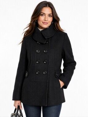 Braetan Black 80% Wool Peacoat Women XL Double Breasted Military Coat